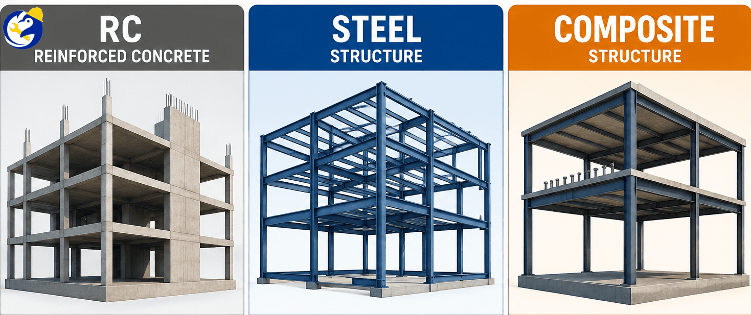DIFFERENTIATING 3 COMMON STRUCTURAL SYSTEMS IN CONSTRUCTION: RC, STEEL & COMPOSITE STRUCTURES